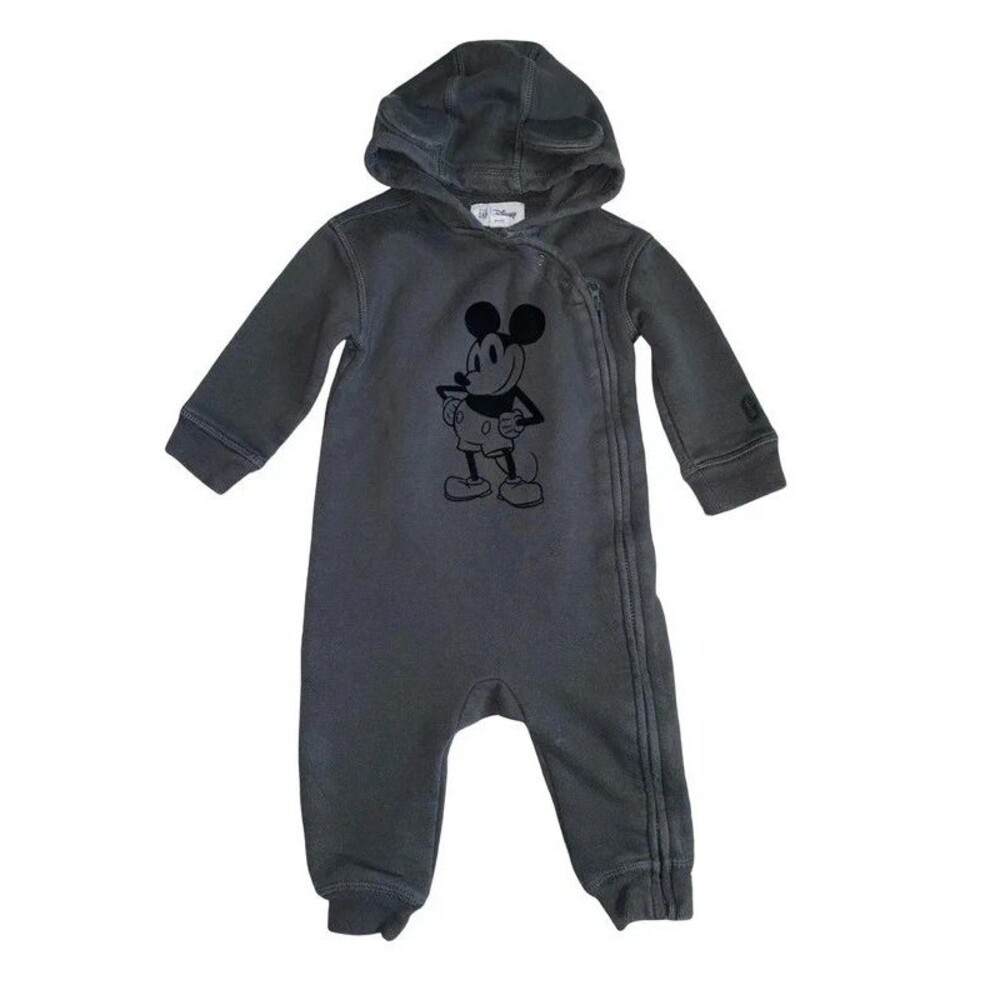 Baby Gap Disney Mickey Mouse Ear Hooded Fleece Romper Jumpsuit 6-12M